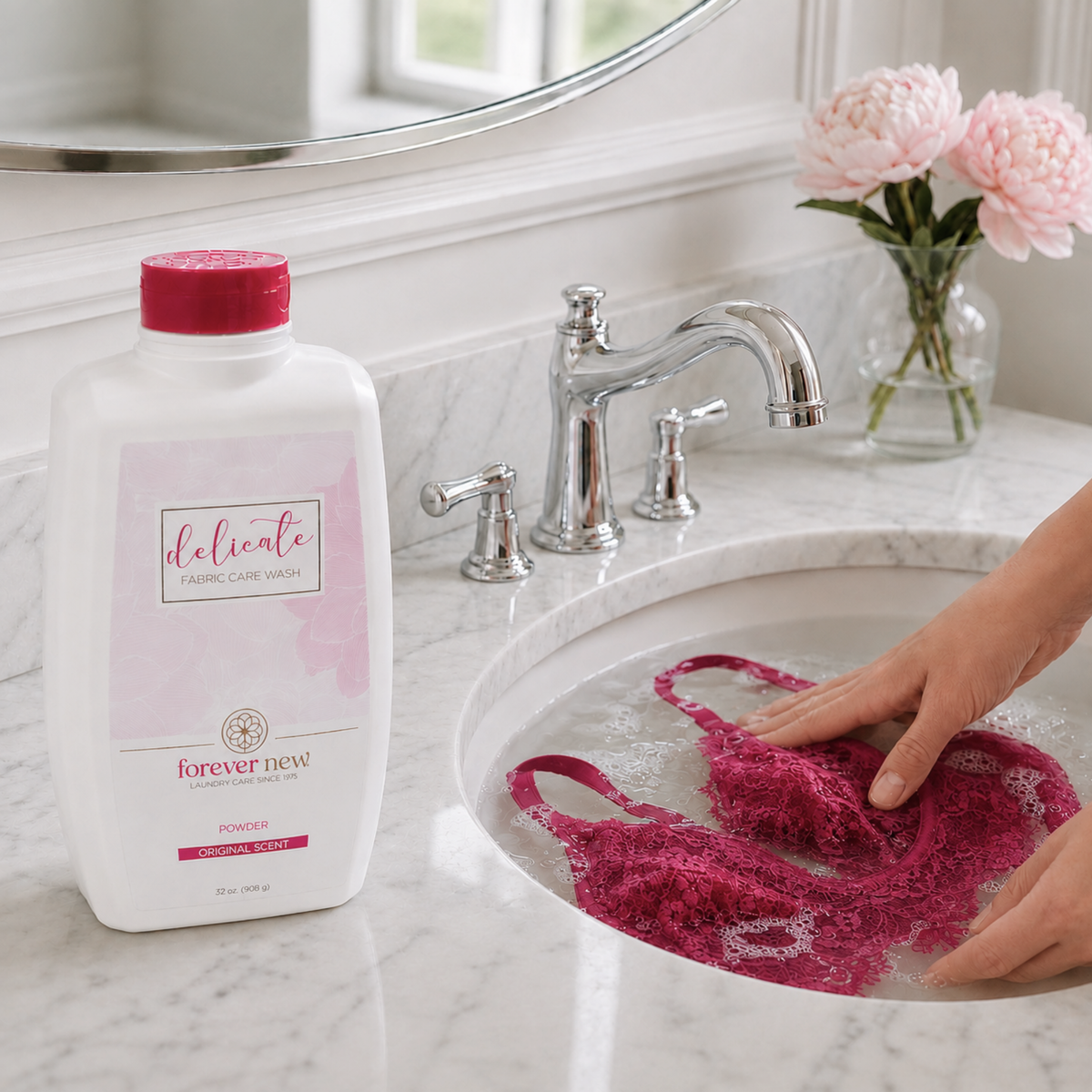 A bottle of Forever New Delicate Fabric Care Wash sits on a white marble bathroom counter next to a sink where a person is washing a bright pink lace bra. A vase of pink peonies and a chrome faucet are visible in the background.