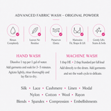 An informational graphic for Advanced Fabric Wash Original Powder, showing product benefits with icons and usage instructions for hand and machine wash, plus a list of compatible fabrics on a light gray background.