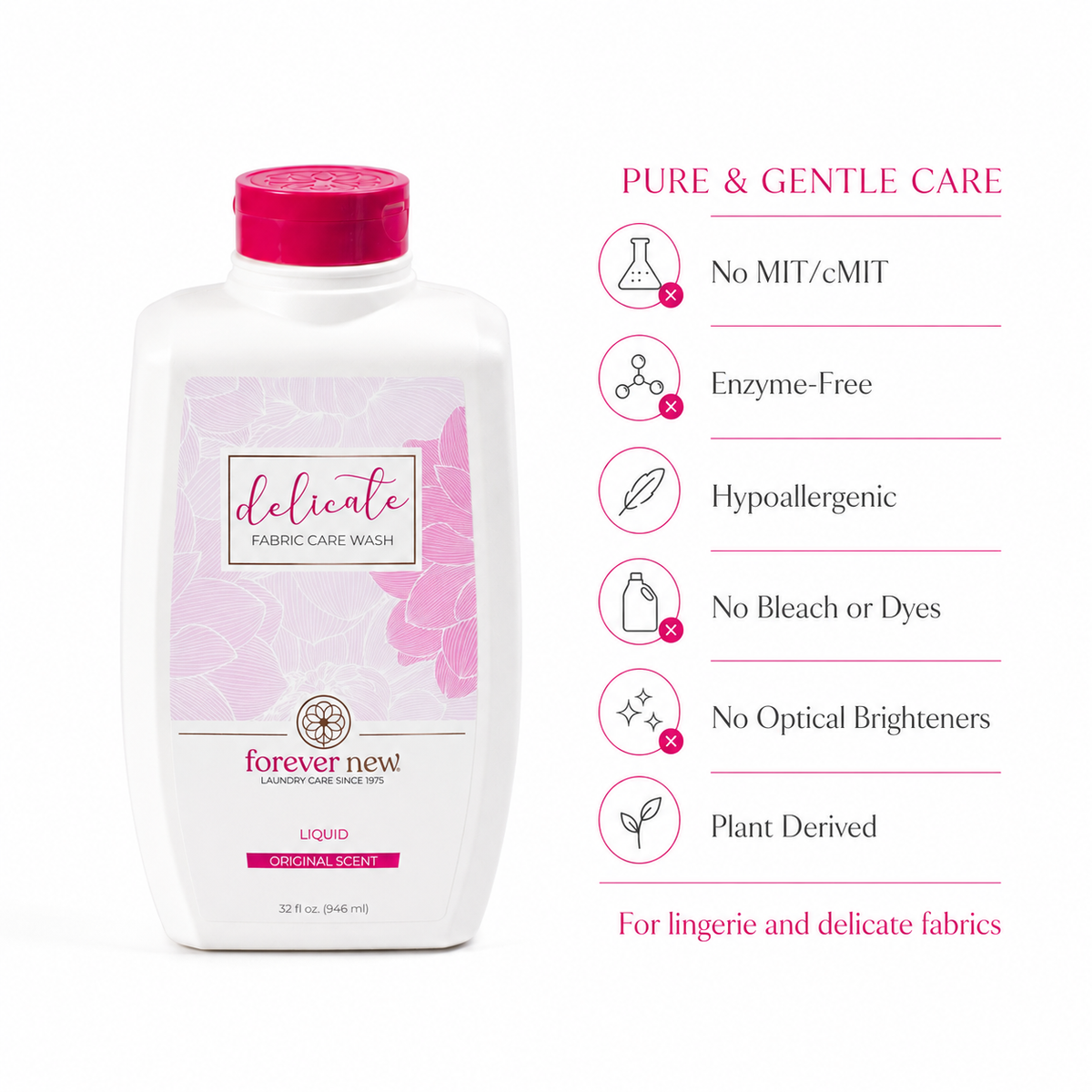 A bottle of Forever New 'Delicate' Fabric Care Wash shown on a white background with feature callouts to the right. The bottle is white with a pink floral label and a bright pink cap.