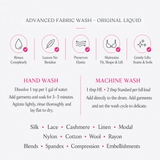 An informational graphic for Advanced Fabric Wash Original Liquid, detailing benefits and usage instructions for both hand wash and machine wash, with a list of compatible fabrics on a light gray background.