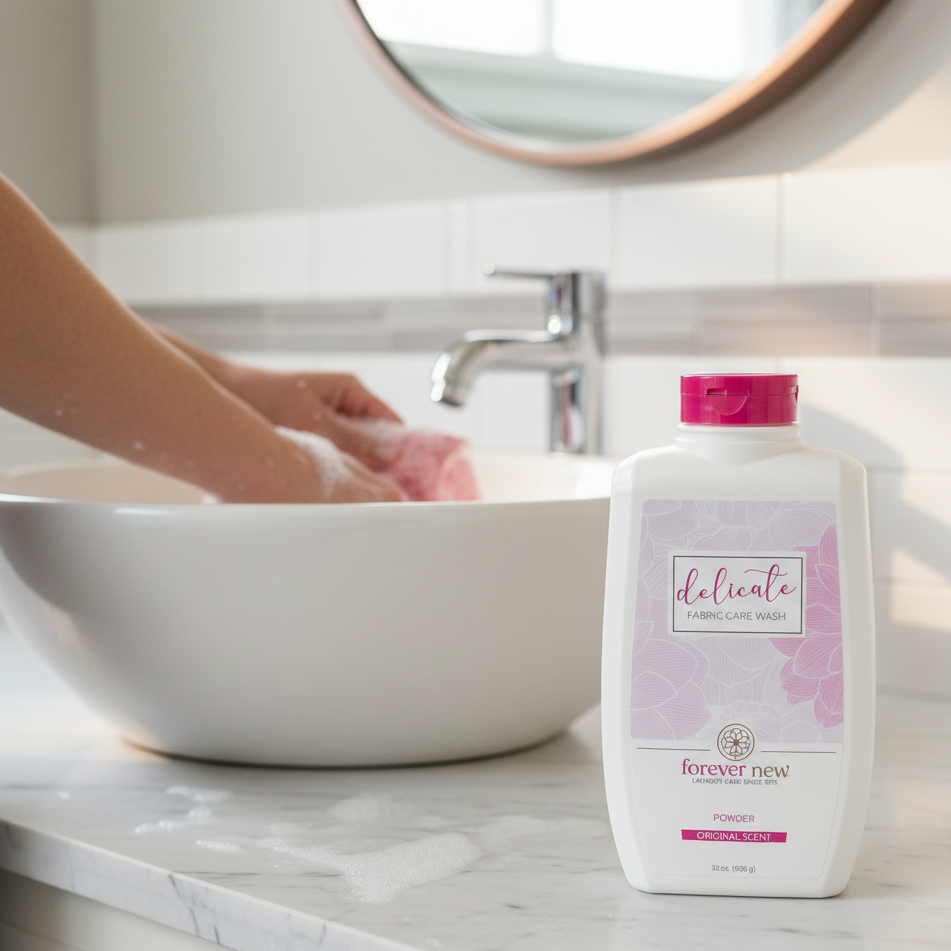 A bottle of Forever New Delicate Fabric Care Wash powder stands on a marble bathroom counter next to a white vessel sink, with a person's hands washing pink soap in the background.