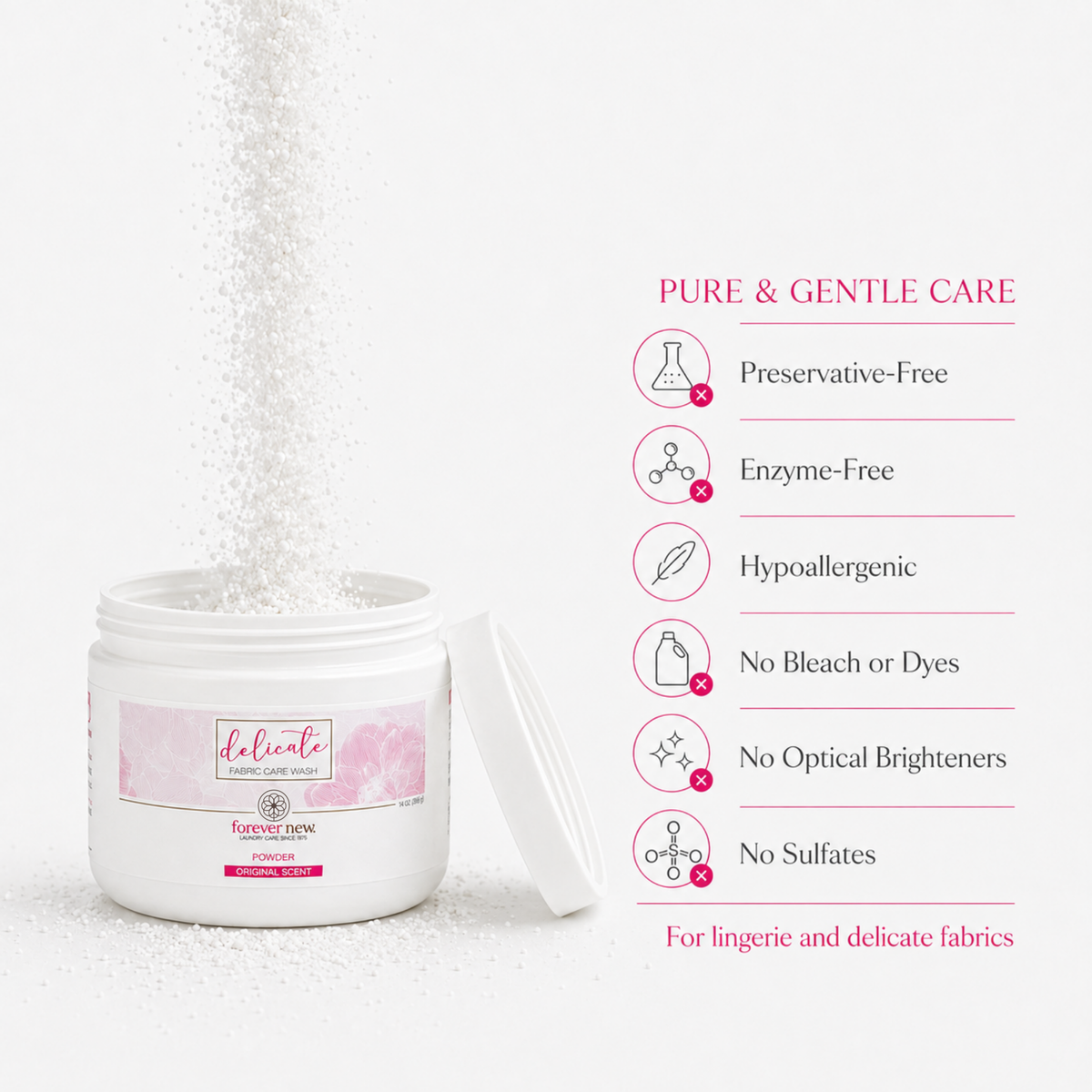 A white plastic jar of Superfine New Delicate Care Cream with its lid off, showing white powder pouring out. The label has pink accents.