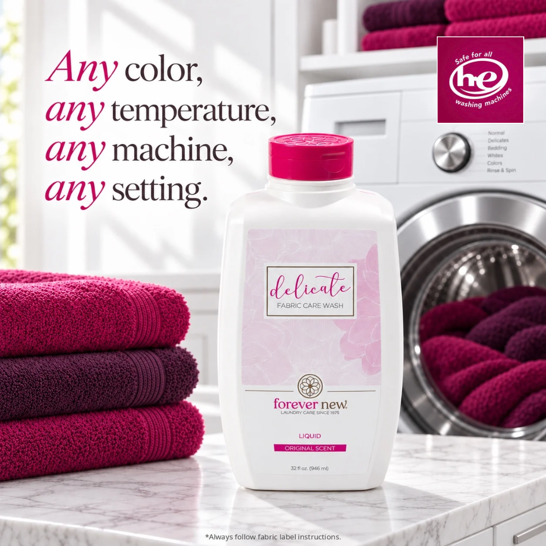 A bottle of Forever New Delicate Fabric Care Wash in orange-scented liquid is displayed on a marble countertop in a bright laundry room. The white bottle has a pink cap and a pink floral label.