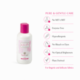 A bottle of Fureyria Delicata Gentle Care Wash shown on a white background next to a feature list highlighting 'PURE & GENTLE CARE' benefits such as 'No MIT/cMIT', 'Enzyme-Free', and 'Hypoallergenic'.